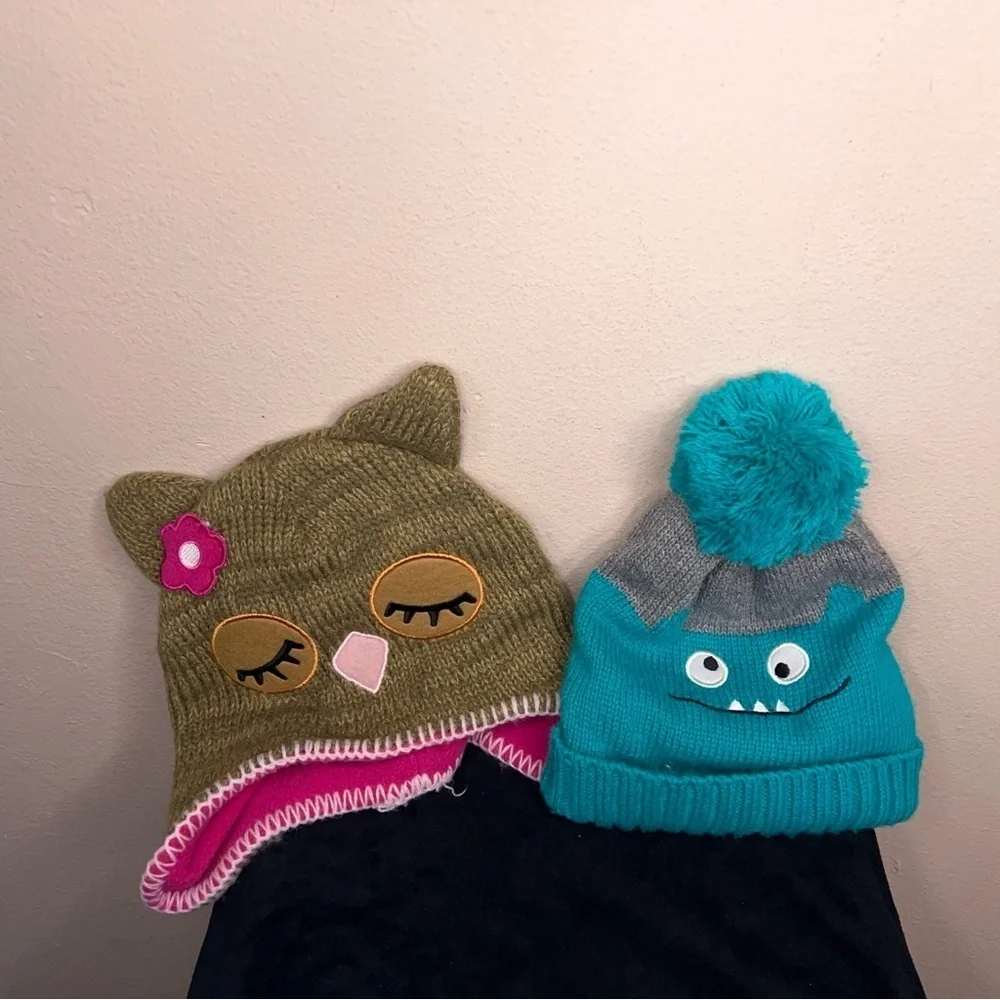 Set Of 2 Girls Hats Winter Fun Knit Owl  Monster Cute Cozy Winter 2T 5T